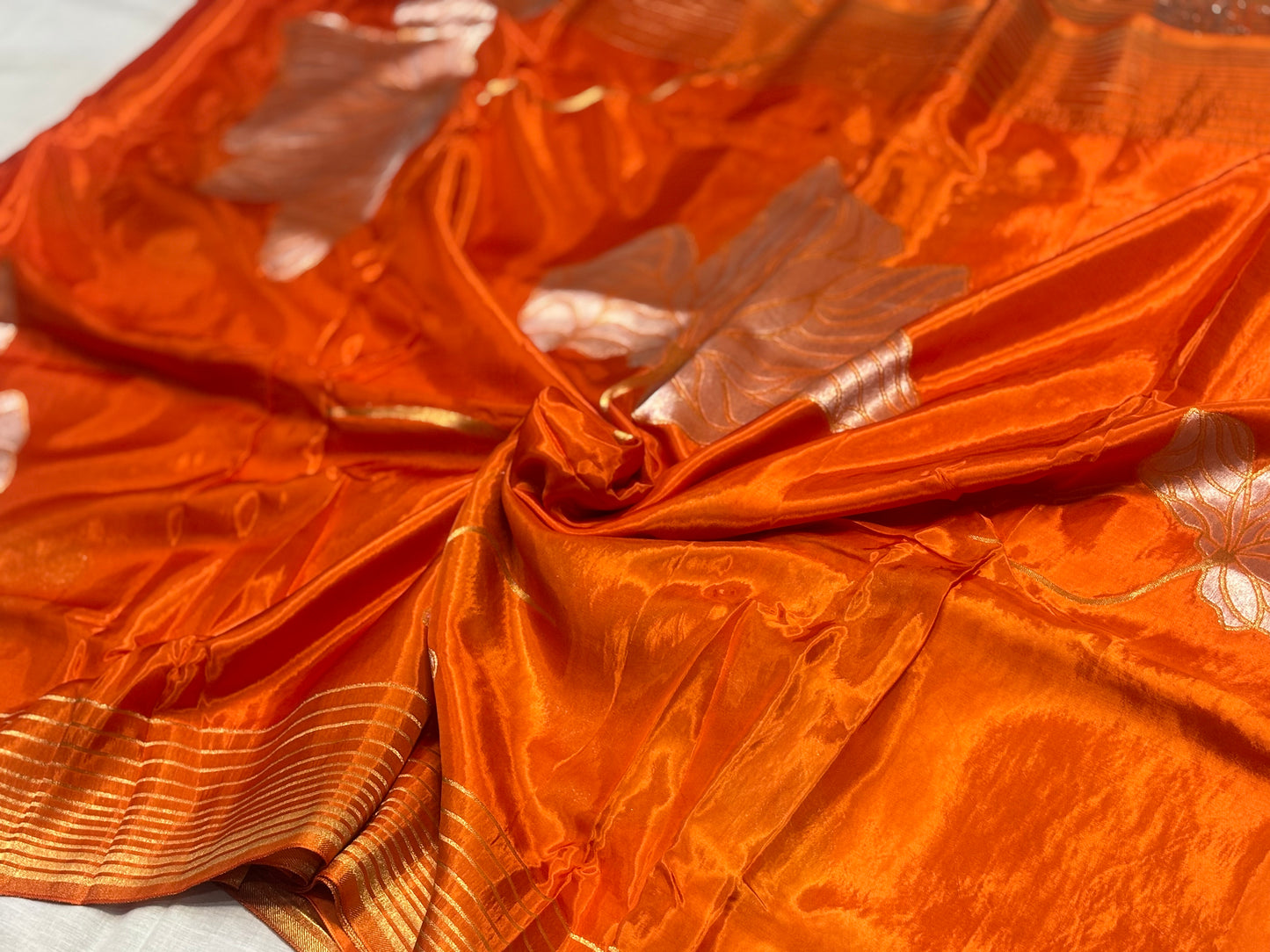 Metallic Orange Banarasi Pure Mashru Silk Saree with Silver Leaf Pattern - Designer Party wear