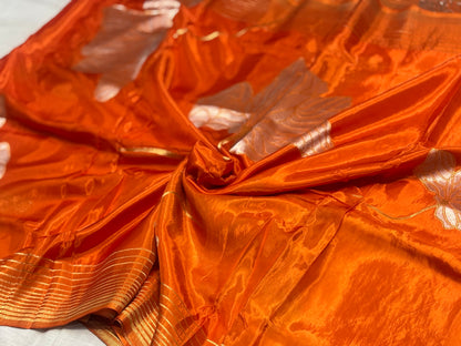 Metallic Orange Banarasi Pure Mashru Silk Saree with Silver Leaf Pattern - Designer Party wear