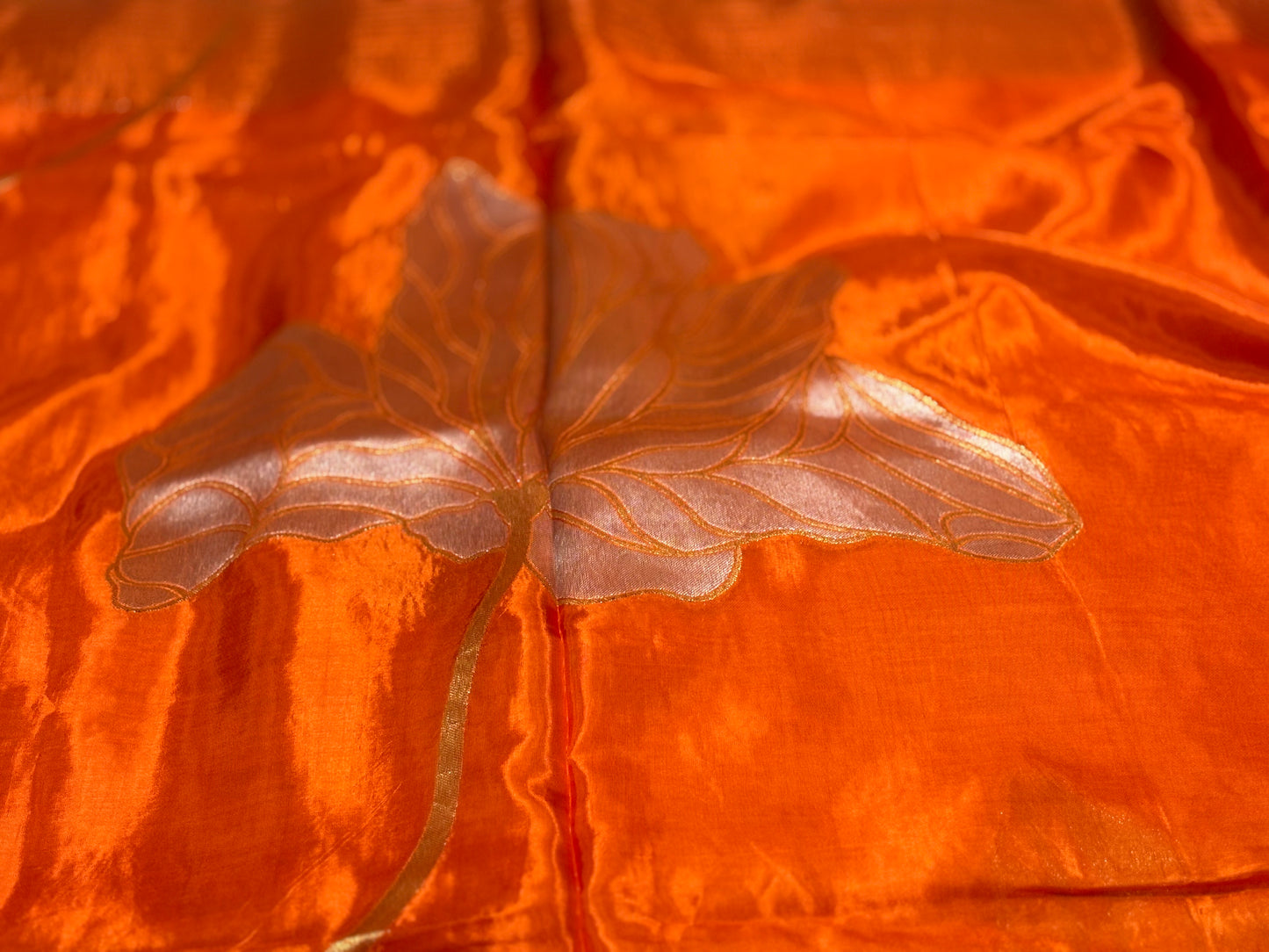 Metallic Orange Banarasi Pure Mashru Silk Saree with Silver Leaf Pattern - Designer Party wear