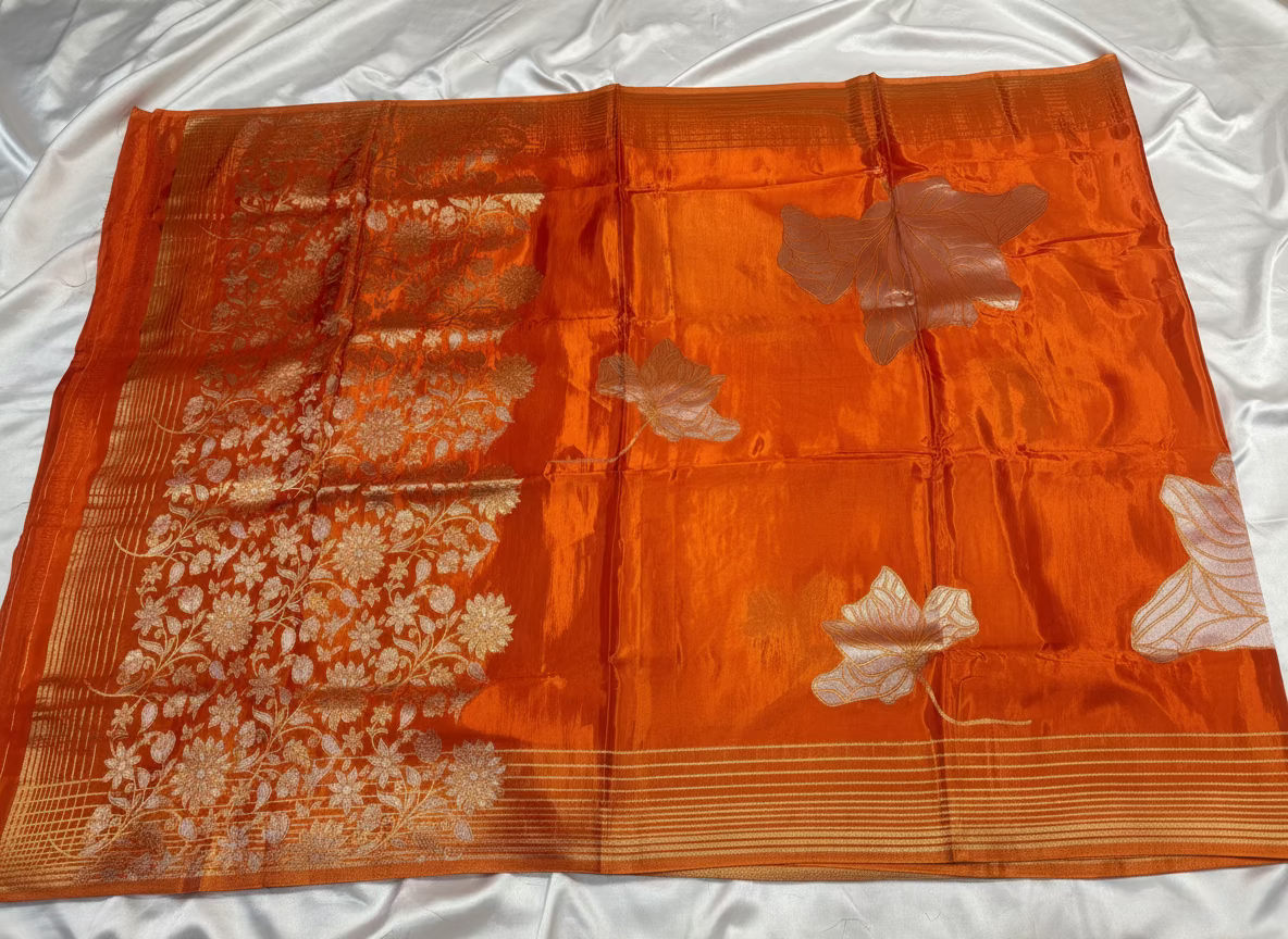 Metallic Orange Banarasi Pure Mashru Silk Saree with Silver Leaf Pattern - Designer Party wear