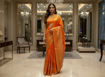 Metallic Orange Banarasi Pure Mashru Silk Saree with Silver Leaf Pattern - Designer Party wear