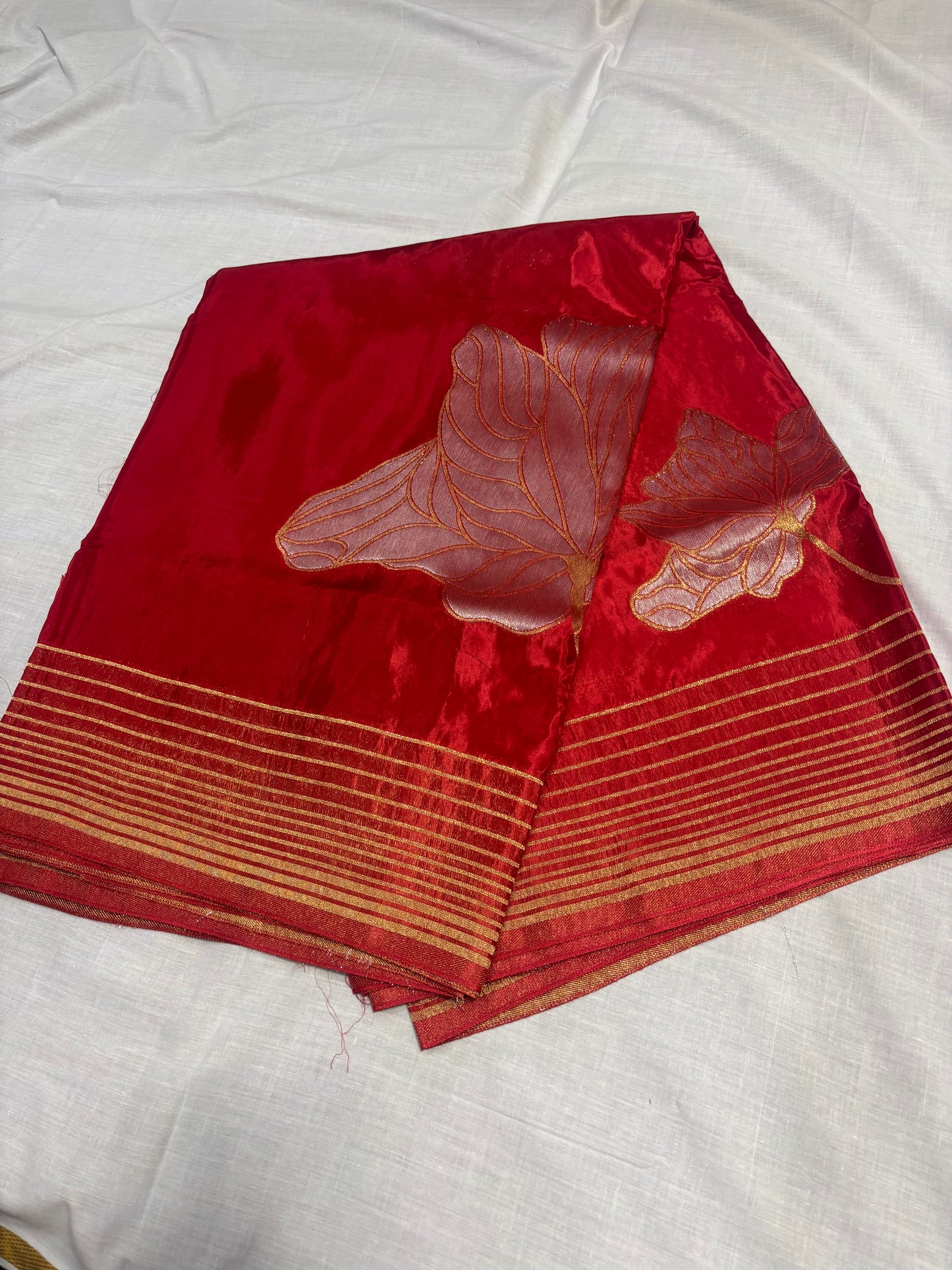 Metallic Red Banarasi Pure Mashru Silk Saree with Silver leaf Pattern - Designer Party wear