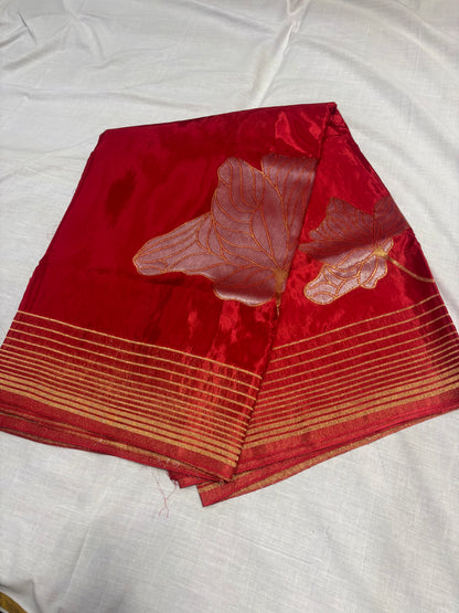 Metallic Red Banarasi Pure Mashru Silk Saree with Silver leaf Pattern - Designer Party wear