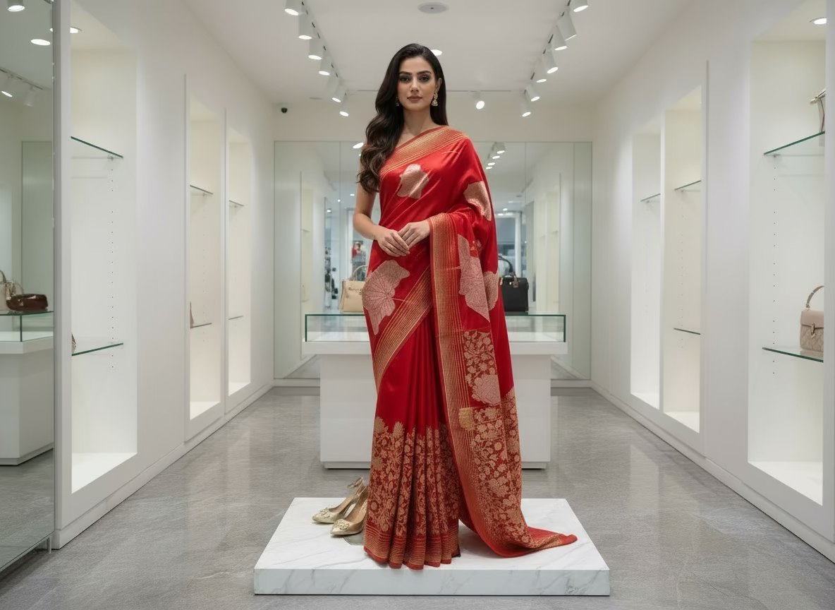 Metallic Red Banarasi Pure Mashru Silk Saree with Silver leaf Pattern - Designer Party wear