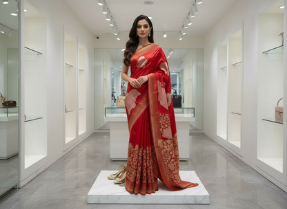 Metallic Red Banarasi Pure Mashru Silk Saree with Silver leaf Pattern - Designer Party wear