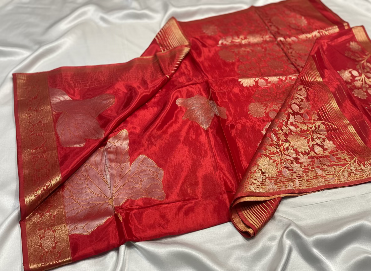 Metallic Red Banarasi Pure Mashru Silk Saree with Silver leaf Pattern - Designer Party wear