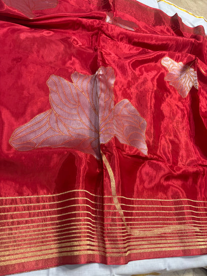 Metallic Red Banarasi Pure Mashru Silk Saree with Silver leaf Pattern - Designer Party wear
