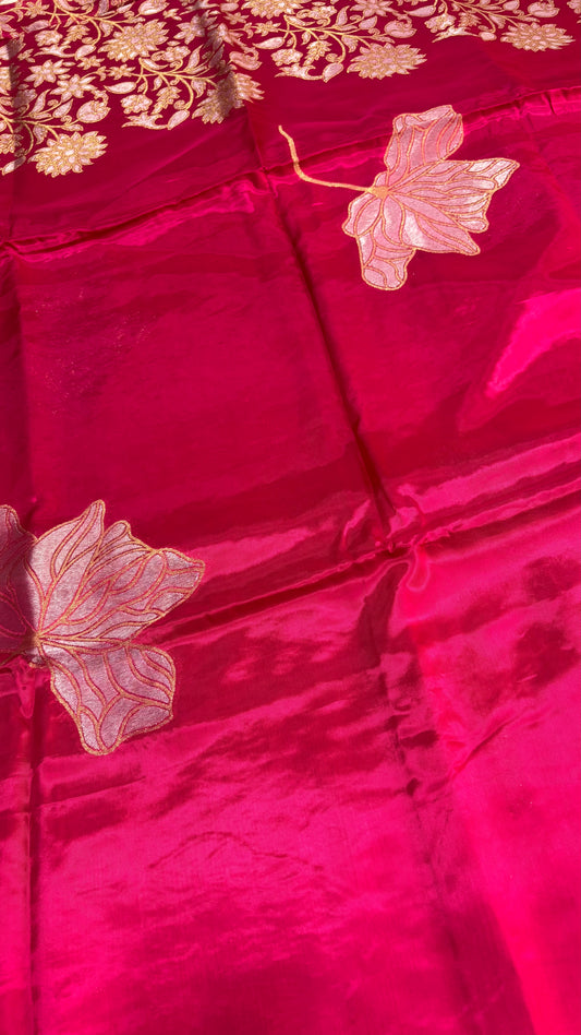 Metallic Pink Banarasi Pure Mashru Silk Saree with Silver leaf Pattern - Designer Party Wear