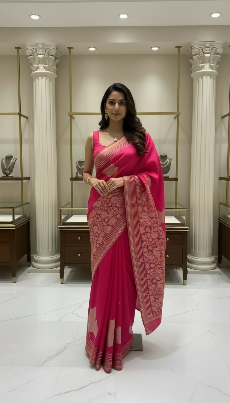 Metallic Pink Banarasi Pure Mashru Silk Saree with Silver leaf Pattern - Designer Party Wear