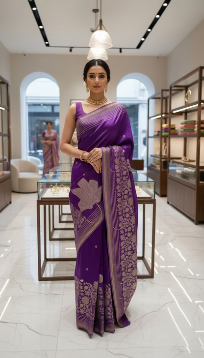 Purple Banarasi Pure Mashru Silk with Silver Leaf Pattern- Designer Party Wear