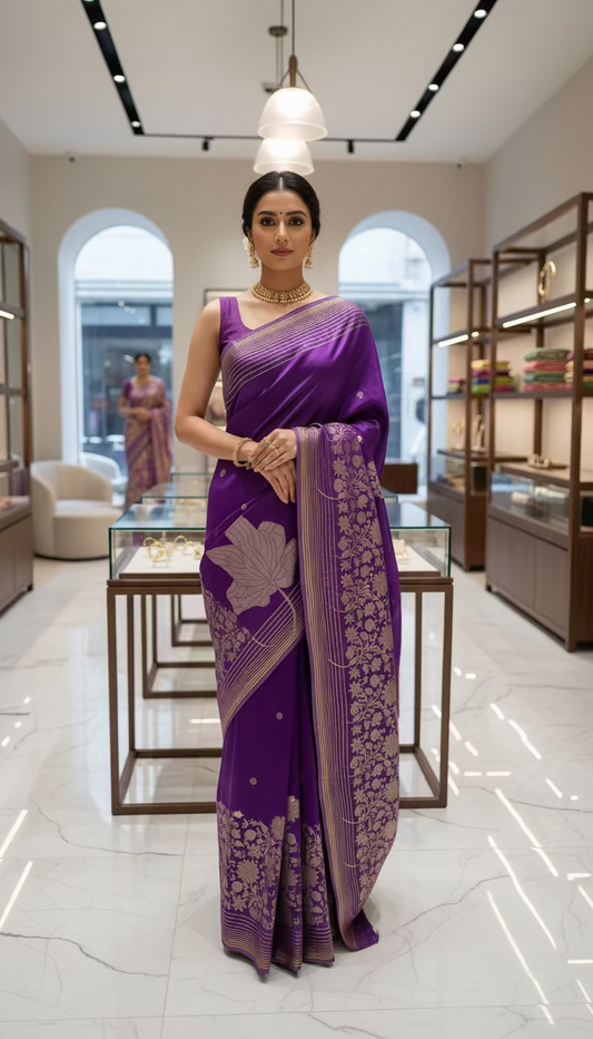 Purple Banarasi Pure Mashru Silk with Silver Leaf Pattern- Designer Party Wear