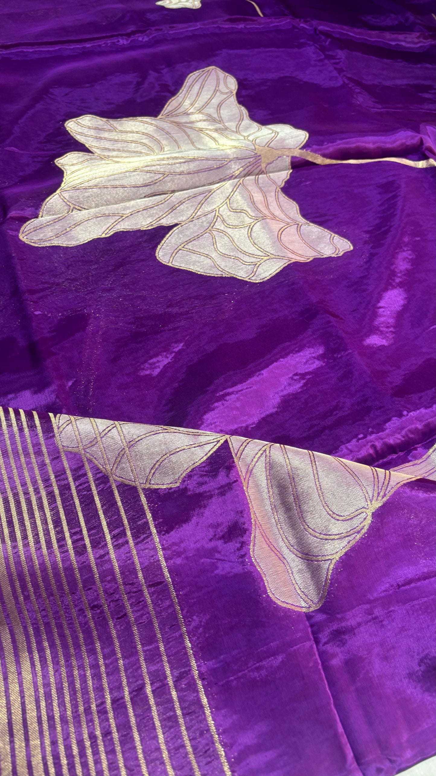 Purple Banarasi Pure Mashru Silk with Silver Leaf Pattern- Designer Party Wear