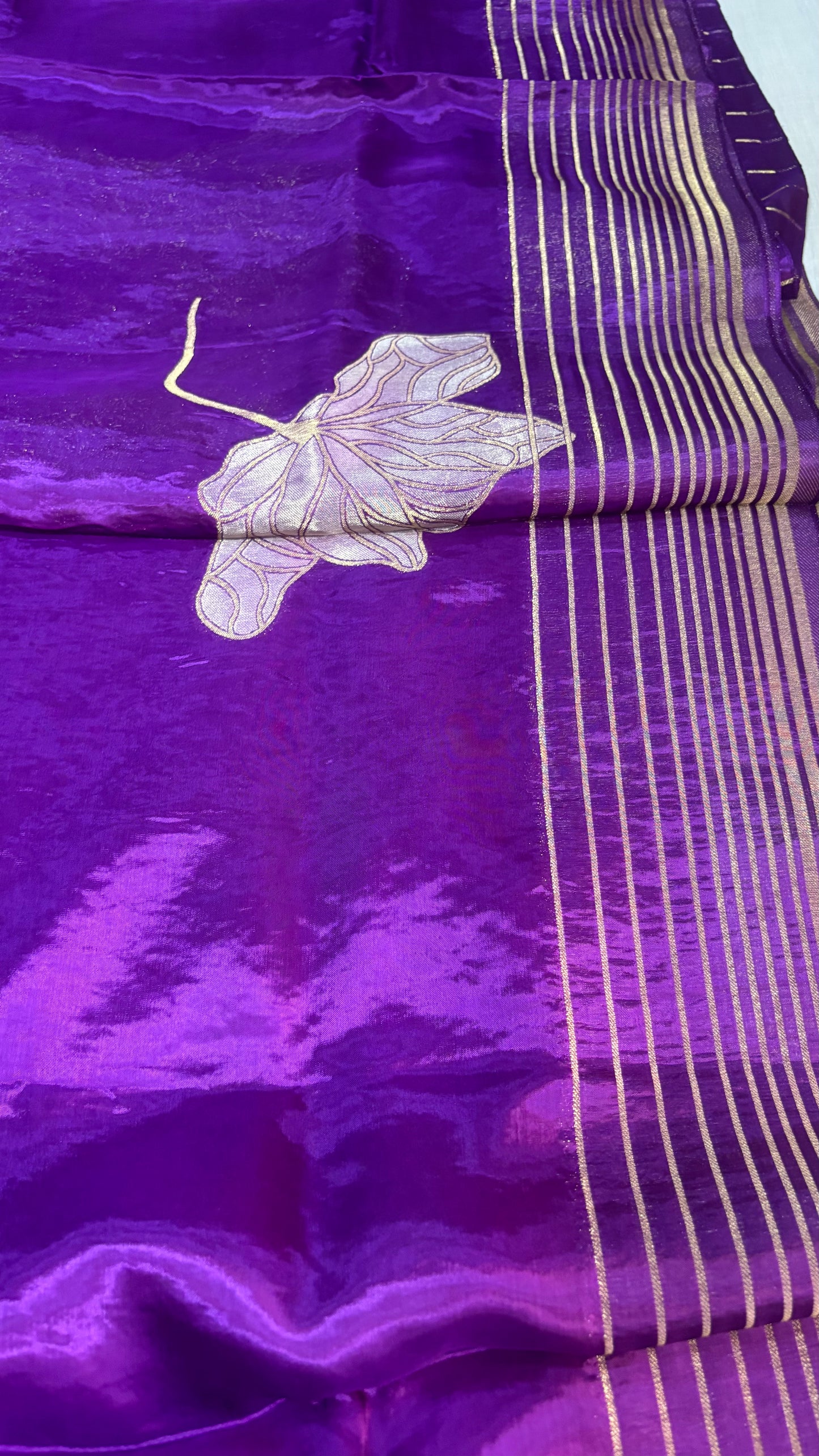 Purple Banarasi Pure Mashru Silk with Silver Leaf Pattern- Designer Party Wear