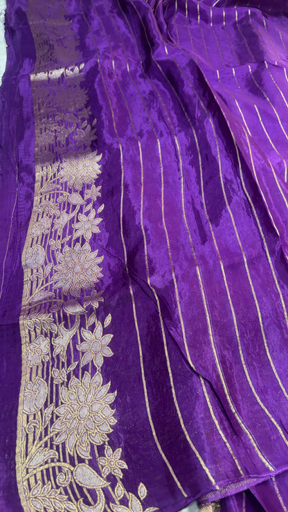 Purple Banarasi Pure Mashru Silk with Silver Leaf Pattern- Designer Party Wear