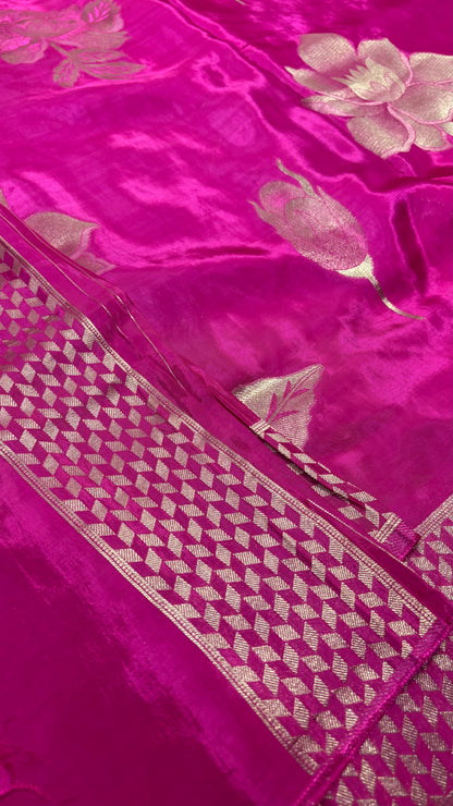 Pink Luxurious Banarasi Pure Mashru Silk with Floral Weaving - Designer Party Wear