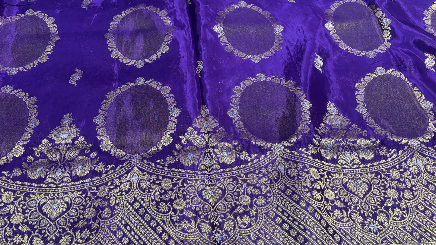 Dark Purple Banarasi Pure Mashru Silk with gold circular pattern- Designer Party Wear