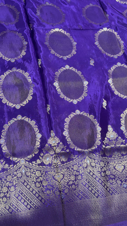 Dark Purple Banarasi Pure Mashru Silk with gold circular pattern- Designer Party Wear