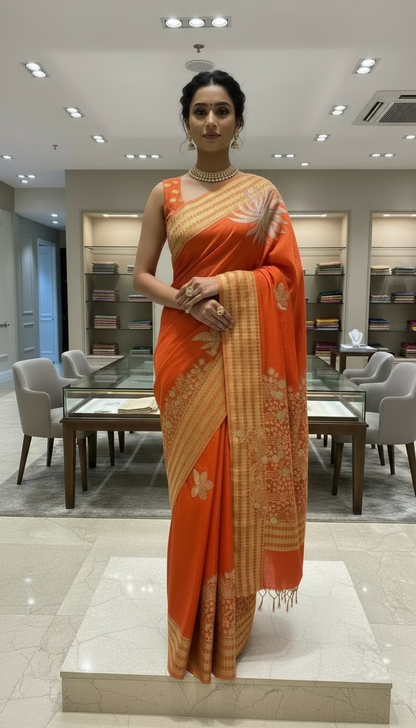 Bright Orange Banarasi Pure Mashru Silk Saree with Gold Sun-like pattern - Designer Party Wear