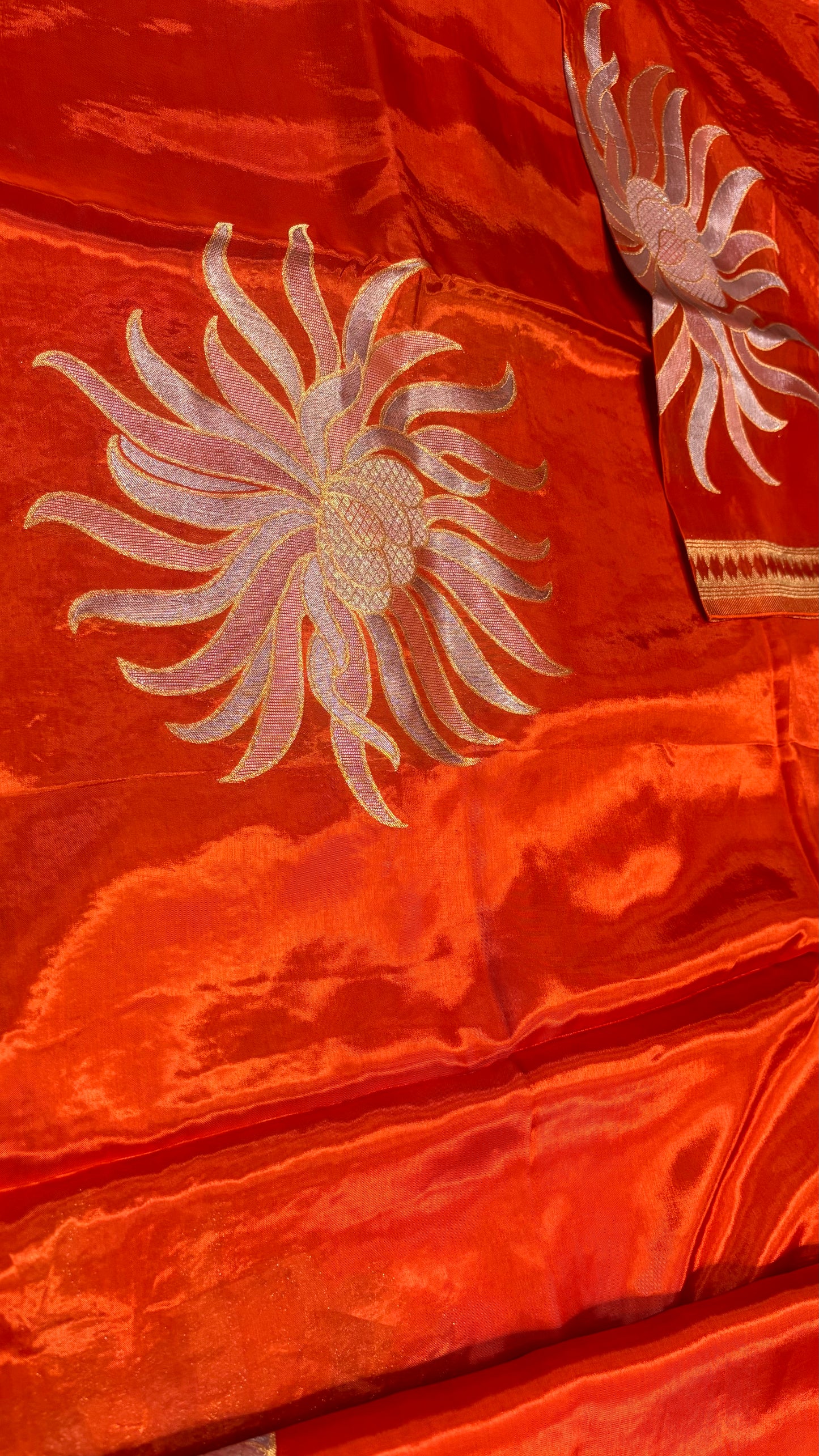 Bright Orange Banarasi Pure Mashru Silk Saree with Gold Sun-like pattern - Designer Party Wear