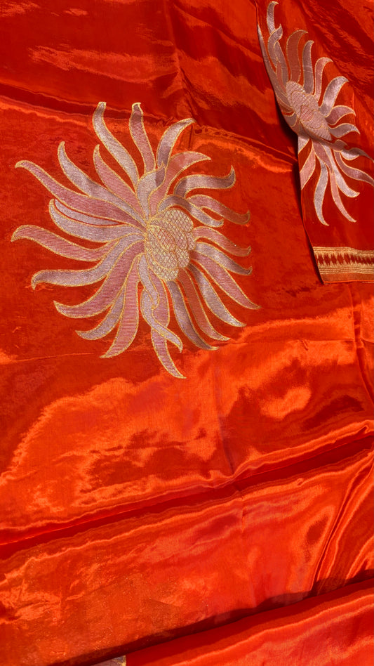 Bright Orange Banarasi Pure Mashru Silk Saree with Gold Sun-like pattern - Designer Party Wear