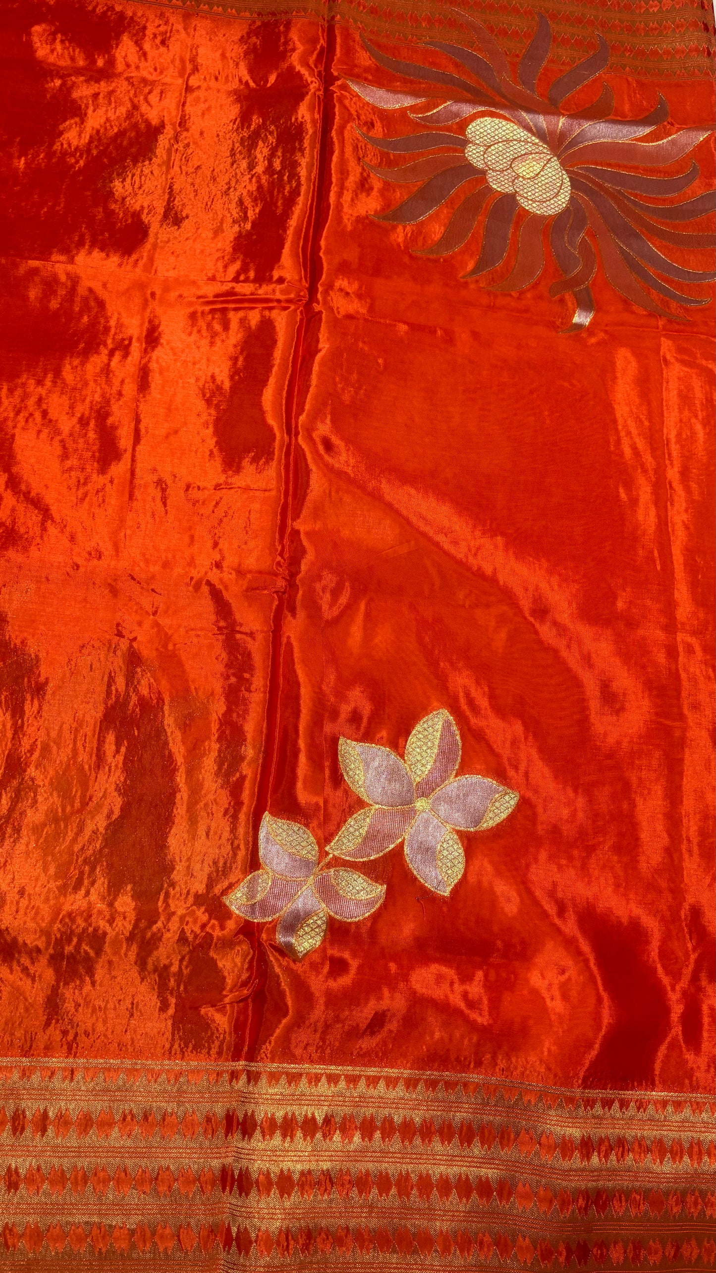 Bright Orange Banarasi Pure Mashru Silk Saree with Gold Sun-like pattern - Designer Party Wear
