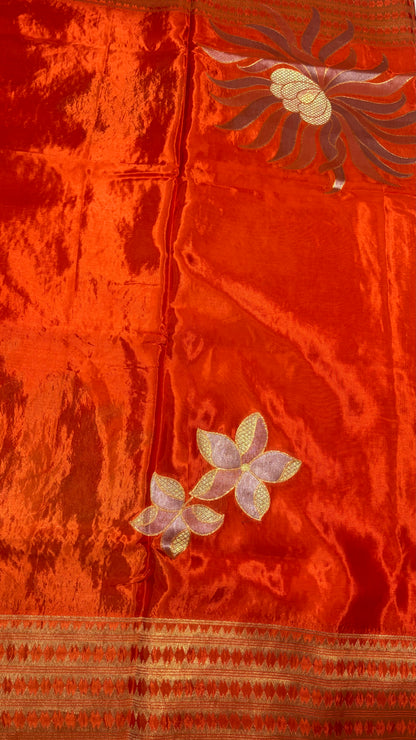 Bright Orange Banarasi Pure Mashru Silk Saree with Gold Sun-like pattern - Designer Party Wear