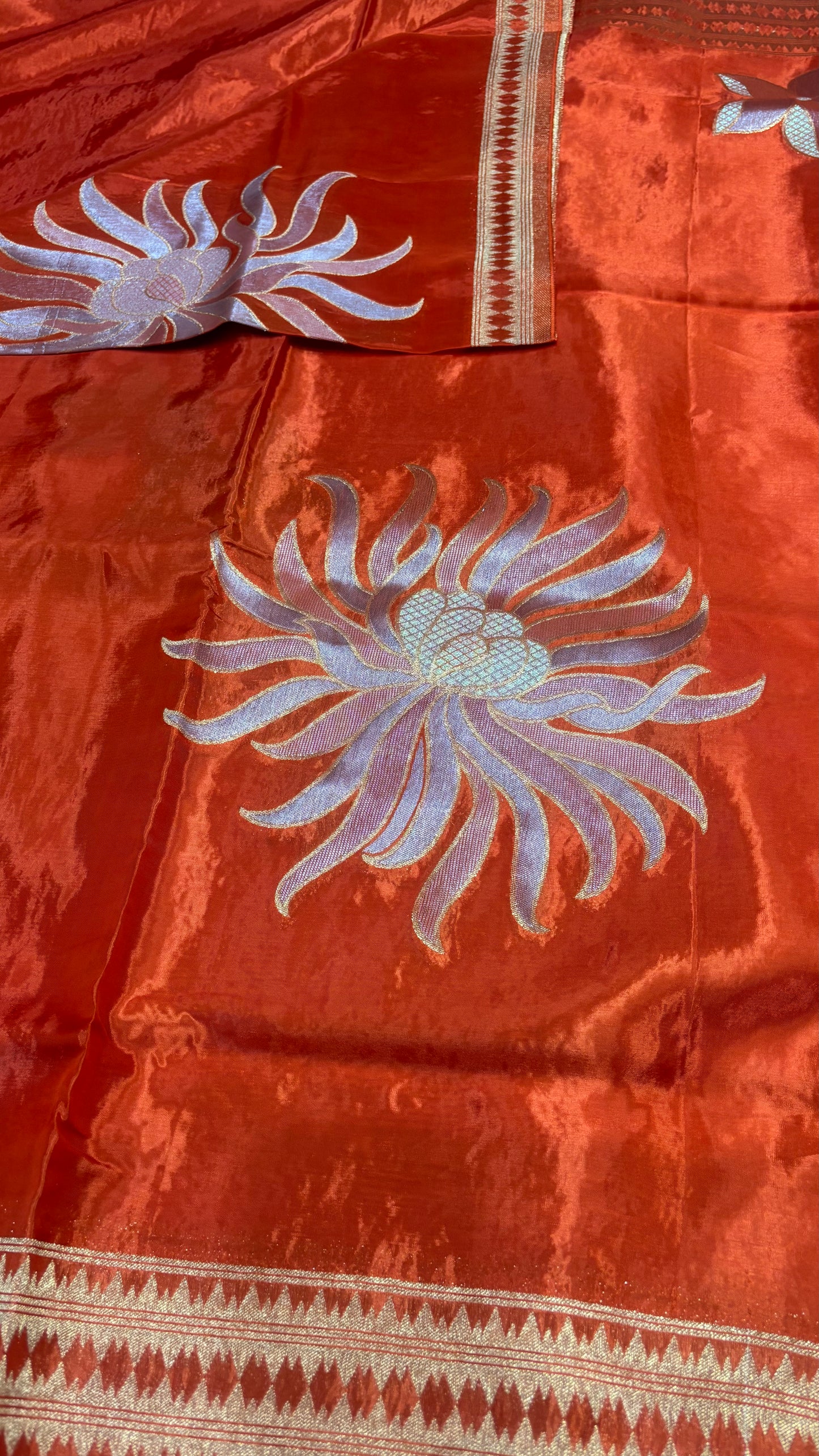 Bright Orange Banarasi Pure Mashru Silk Saree with Gold Sun-like pattern - Designer Party Wear