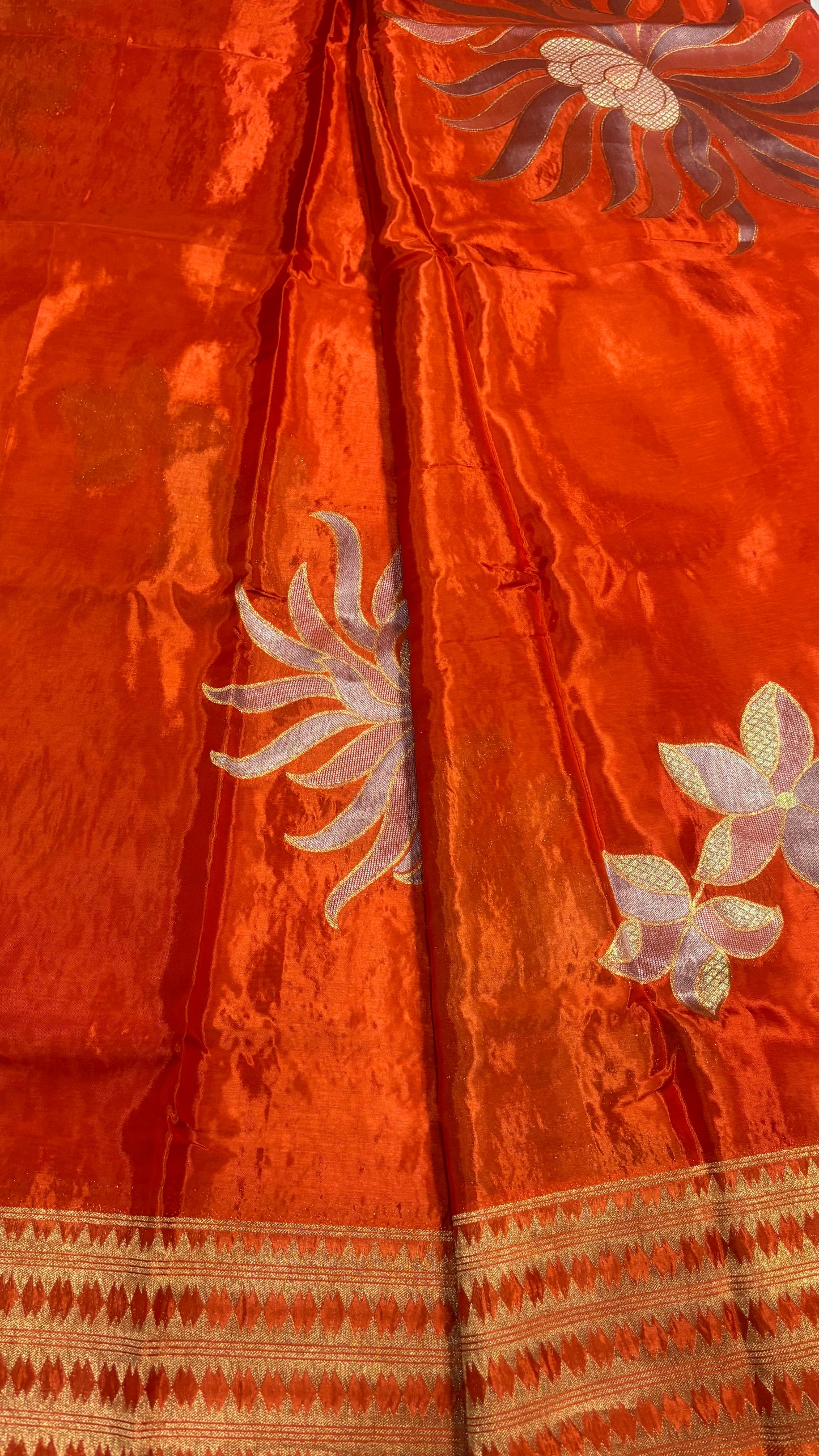 Bright Orange Banarasi Pure Mashru Silk Saree with Gold Sun-like pattern - Designer Party Wear