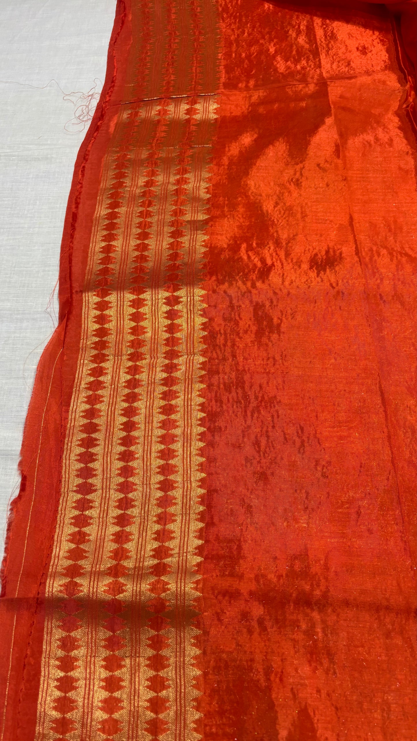 Bright Orange Banarasi Pure Mashru Silk Saree with Gold Sun-like pattern - Designer Party Wear