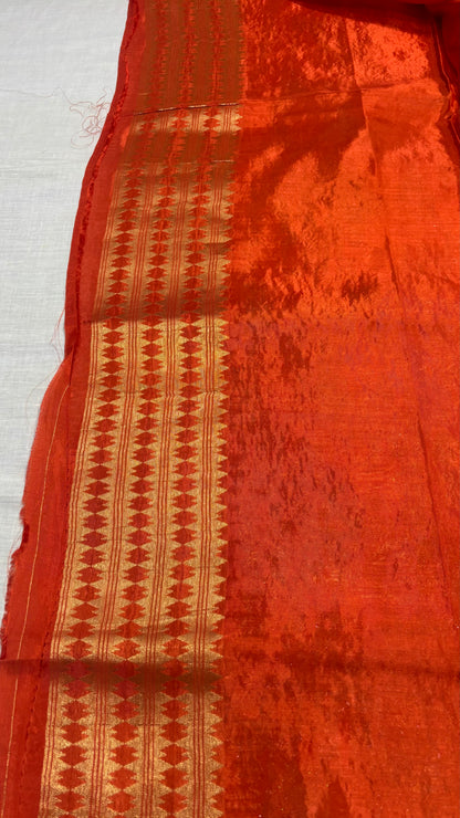 Bright Orange Banarasi Pure Mashru Silk Saree with Gold Sun-like pattern - Designer Party Wear