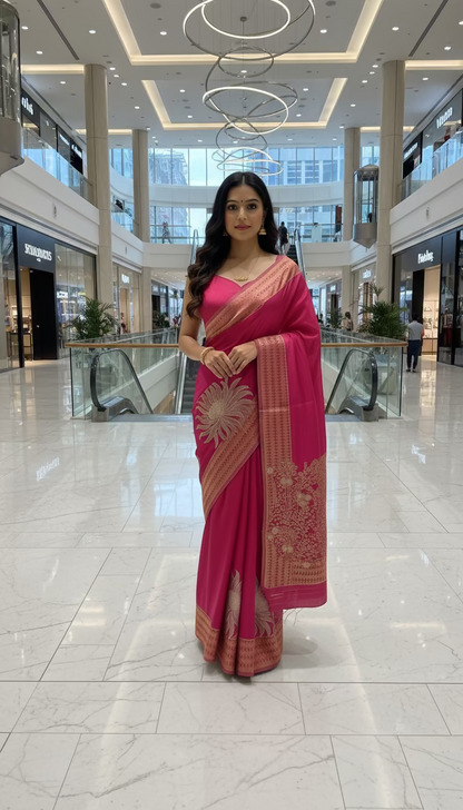 Rani Pink Luxurious Pure Mashru Silk with Gold Sun shaped Motifs  - Designer Party Wear