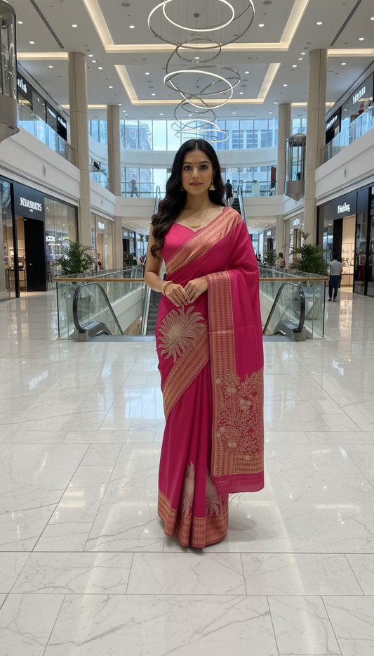 Rani Pink Luxurious Pure Mashru Silk with Gold Sun shaped Motifs  - Designer Party Wear