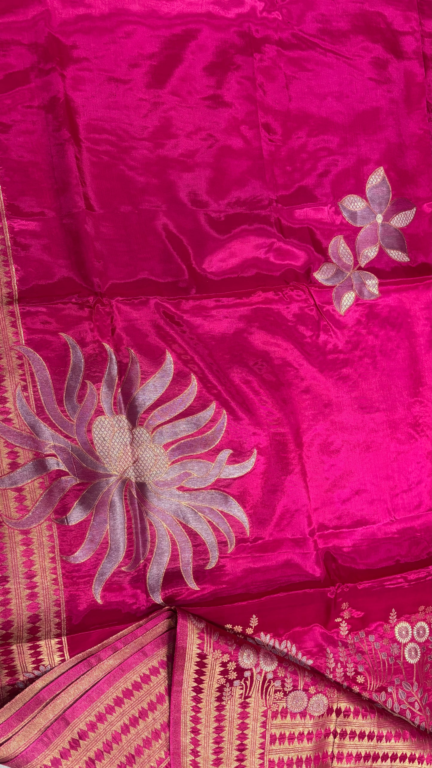 Rani Pink Luxurious Pure Mashru Silk with Gold Sun shaped Motifs  - Designer Party Wear