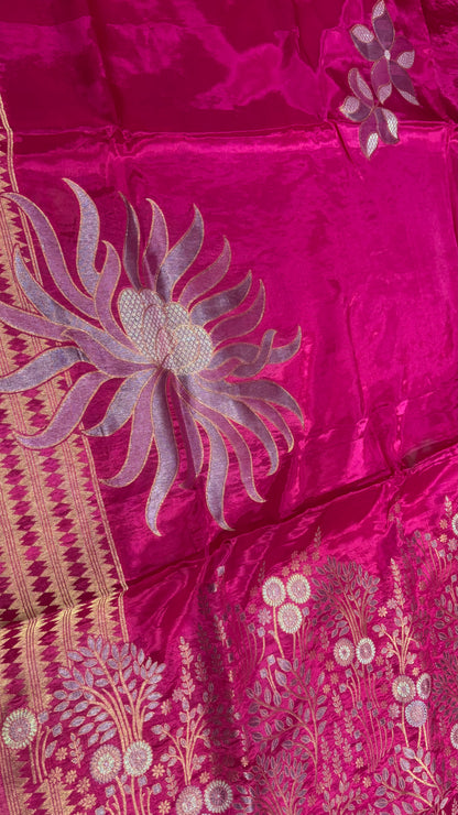 Rani Pink Luxurious Pure Mashru Silk with Gold Sun shaped Motifs  - Designer Party Wear