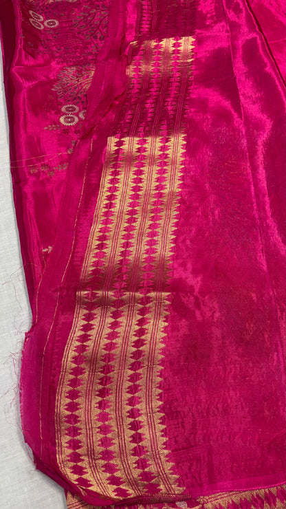 Rani Pink Luxurious Pure Mashru Silk with Gold Sun shaped Motifs  - Designer Party Wear
