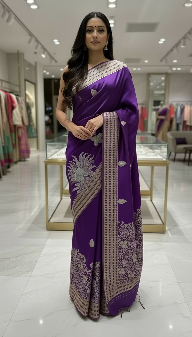 Purple Banarasi Pure Mashru Silk with Gold Sun-like pattern  - Designer Party Wear