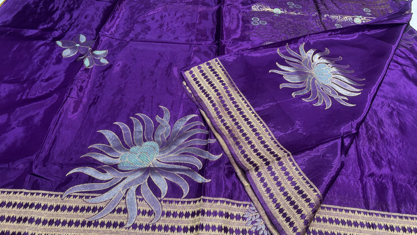 Purple Banarasi Pure Mashru Silk with Gold Sun-like pattern  - Designer Party Wear