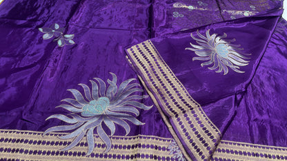 Purple Banarasi Pure Mashru Silk with Gold Sun-like pattern  - Designer Party Wear