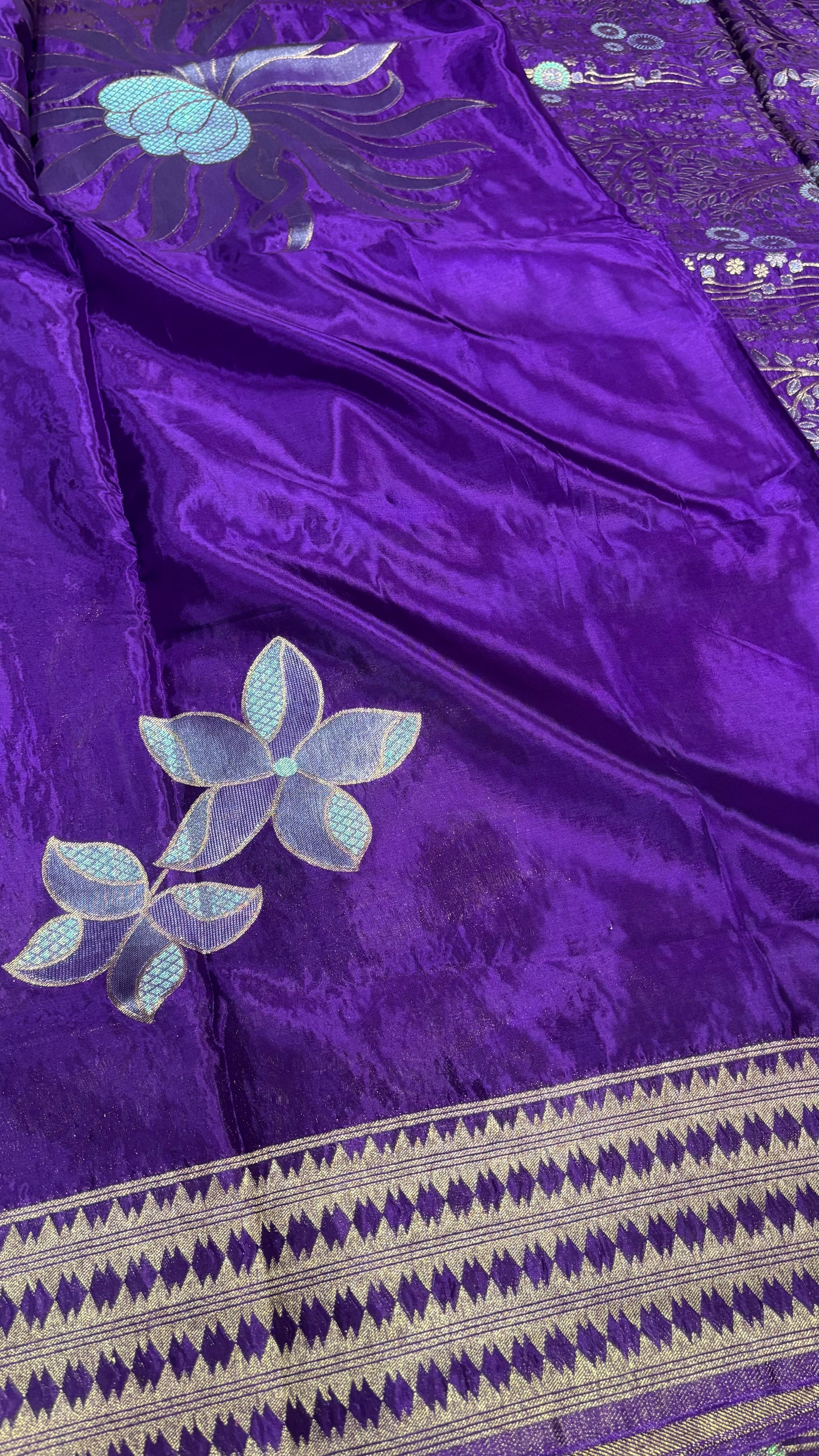Purple Banarasi Pure Mashru Silk with Gold Sun-like pattern  - Designer Party Wear