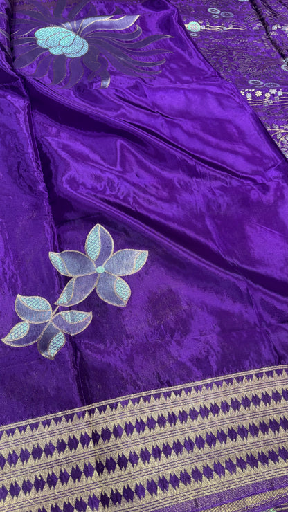 Purple Banarasi Pure Mashru Silk with Gold Sun-like pattern  - Designer Party Wear