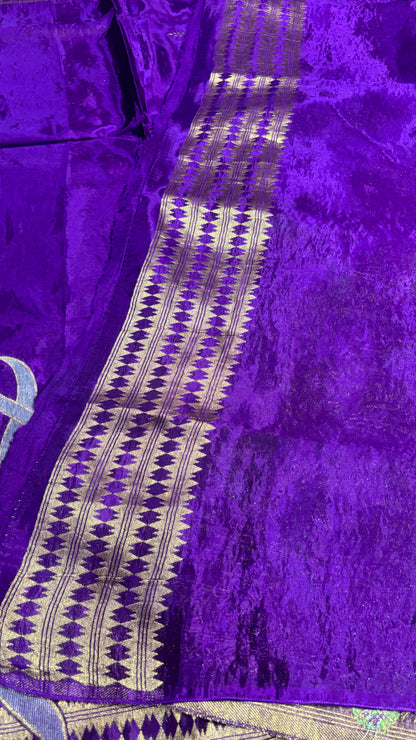 Purple Banarasi Pure Mashru Silk with Gold Sun-like pattern  - Designer Party Wear