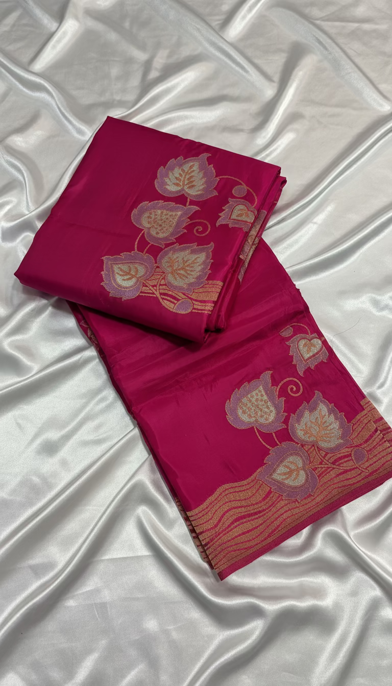 Pink Banarasi Pure Mashru Silk with Gold & Silver Floral Pattern - Designer Party Wear