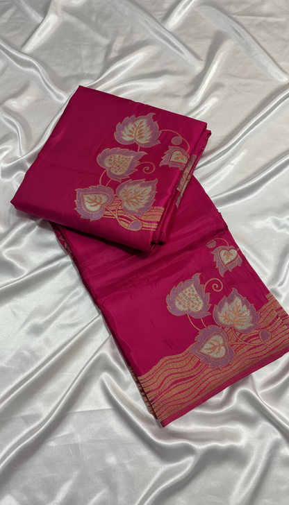 Pink Banarasi Pure Mashru Silk with Gold & Silver Floral Pattern - Designer Party Wear