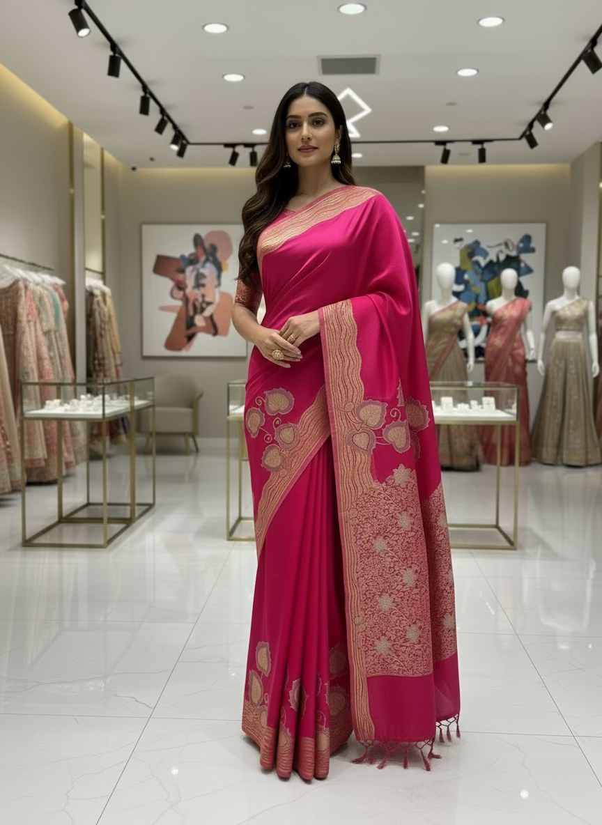 Pink Banarasi Pure Mashru Silk with Gold & Silver Floral Pattern - Designer Party Wear