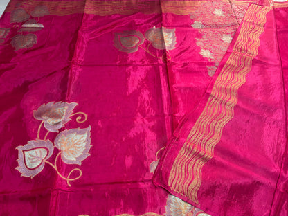 Pink Banarasi Pure Mashru Silk with Gold & Silver Floral Pattern - Designer Party Wear