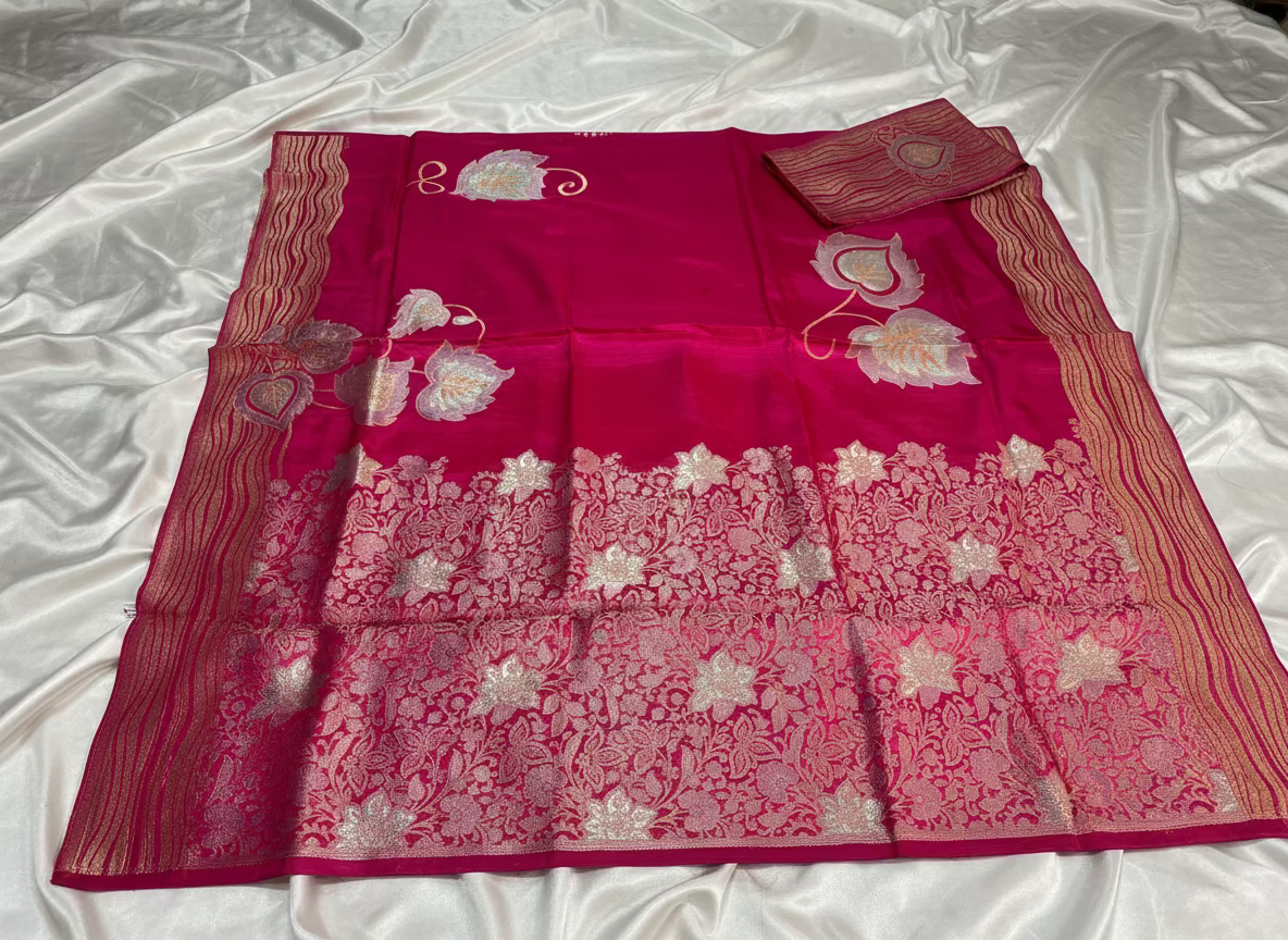 Pink Banarasi Pure Mashru Silk with Gold & Silver Floral Pattern - Designer Party Wear