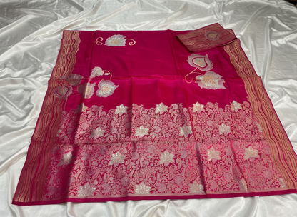 Pink Banarasi Pure Mashru Silk with Gold & Silver Floral Pattern - Designer Party Wear