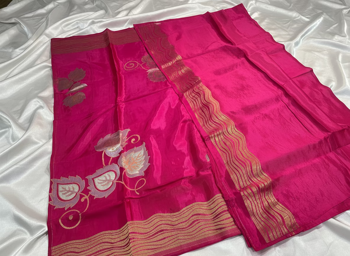 Pink Banarasi Pure Mashru Silk with Gold & Silver Floral Pattern - Designer Party Wear
