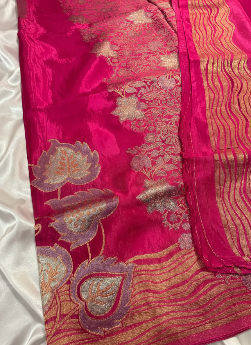 Pink Banarasi Pure Mashru Silk with Gold & Silver Floral Pattern - Designer Party Wear