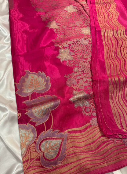 Pink Banarasi Pure Mashru Silk with Gold & Silver Floral Pattern - Designer Party Wear